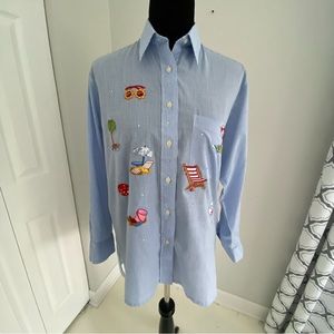 Mili Designs S gingham long sleeve button up tropical beach shirt embroidered